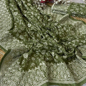 Green Georgette Saree With Sparkling Sequins & Delicate Floral Embroidery