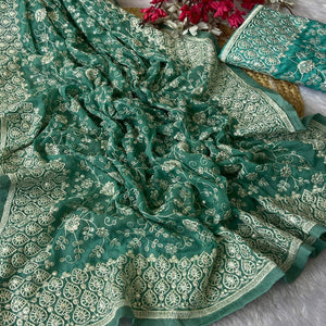 Rama Green Georgette Saree With Sparkling Sequins & Delicate Floral Embroidery