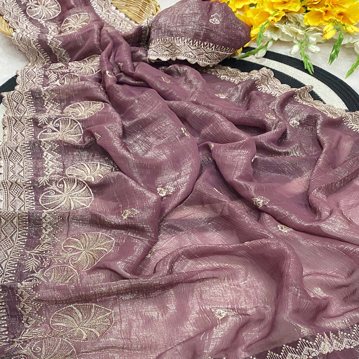 Purple Thread Work Chiffon Silk Saree Premium Crunchy Texture Festive Wear