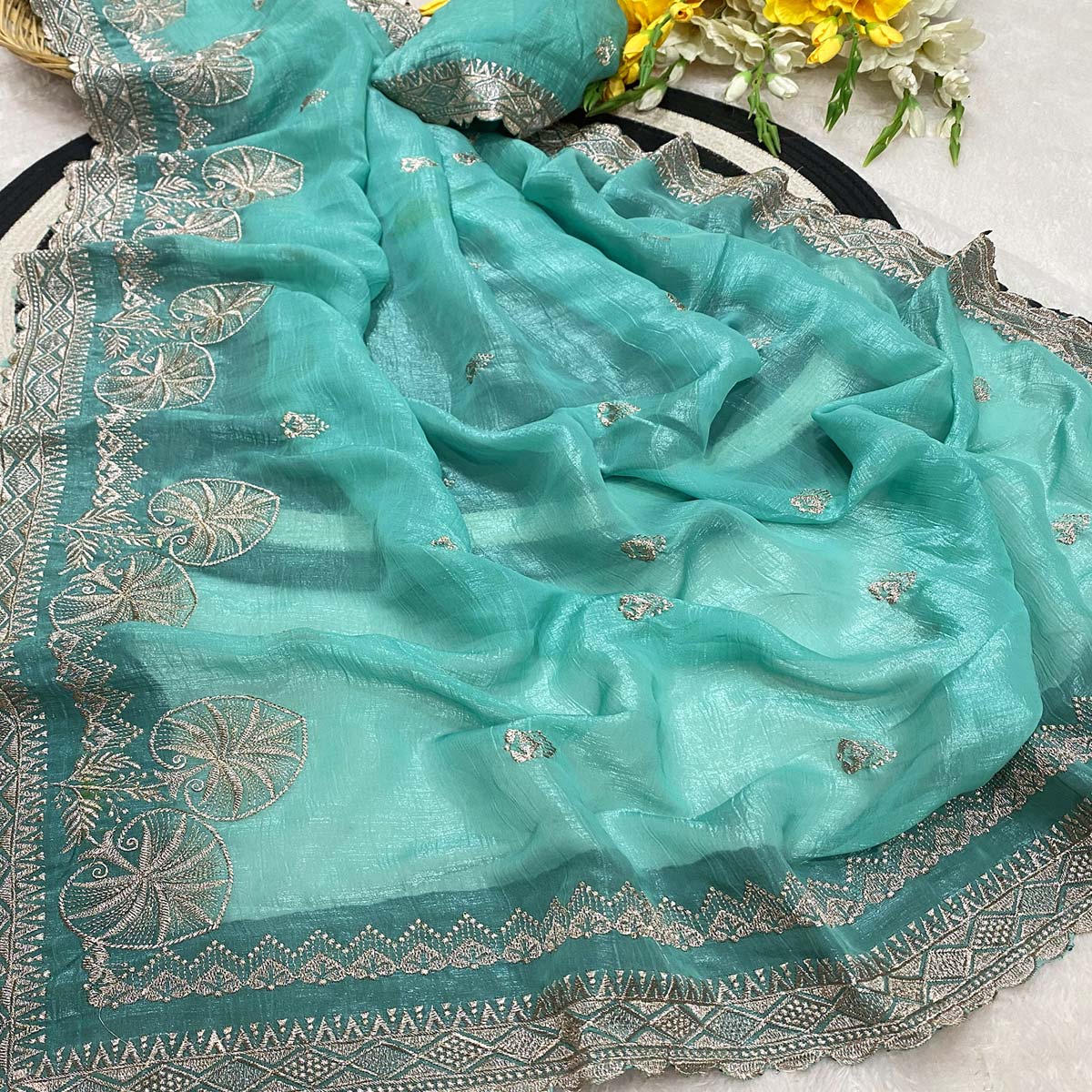 Turquoise Thread Work Chiffon Silk Saree Premium Crunchy Texture Festive Wear