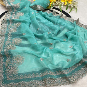Turquoise Thread Work Chiffon Silk Saree Premium Crunchy Texture Festive Wear