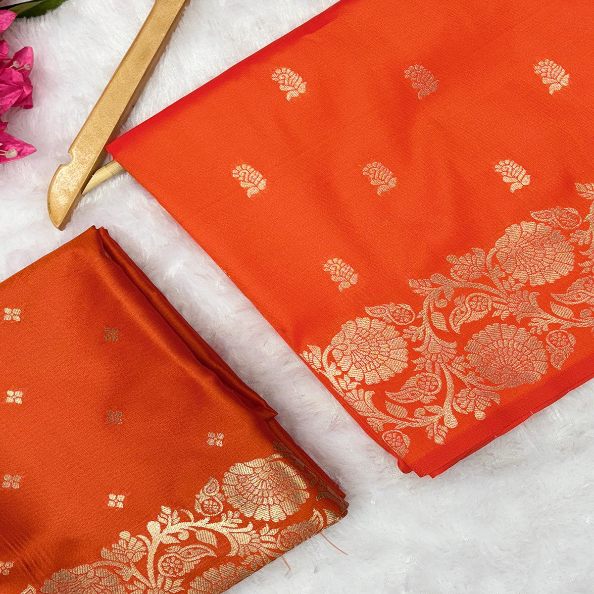 Orange Banarasi Silk Saree with Traditional Weaving