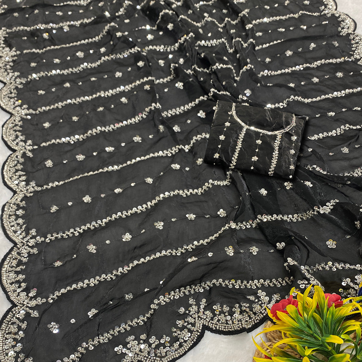 Black Designer Satin Partywear Saree Enhanced with Sparkling Sequins Work