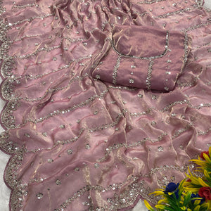Dusty Pink Designer Satin Partywear Saree Enhanced with Sparkling Sequins Work