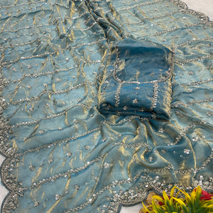 Teal Designer Satin Partywear Saree Enhanced with Sparkling Sequins Work