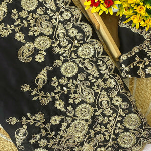 Black Floral Cording Embroidered Saree With Sparkling Sequins On Satin Rangoli Fabric