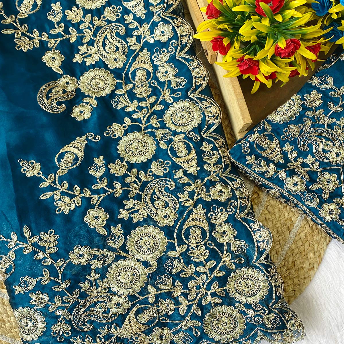 Blue Floral Cording Embroidered Saree With Sparkling Sequins On Satin Rangoli Fabric