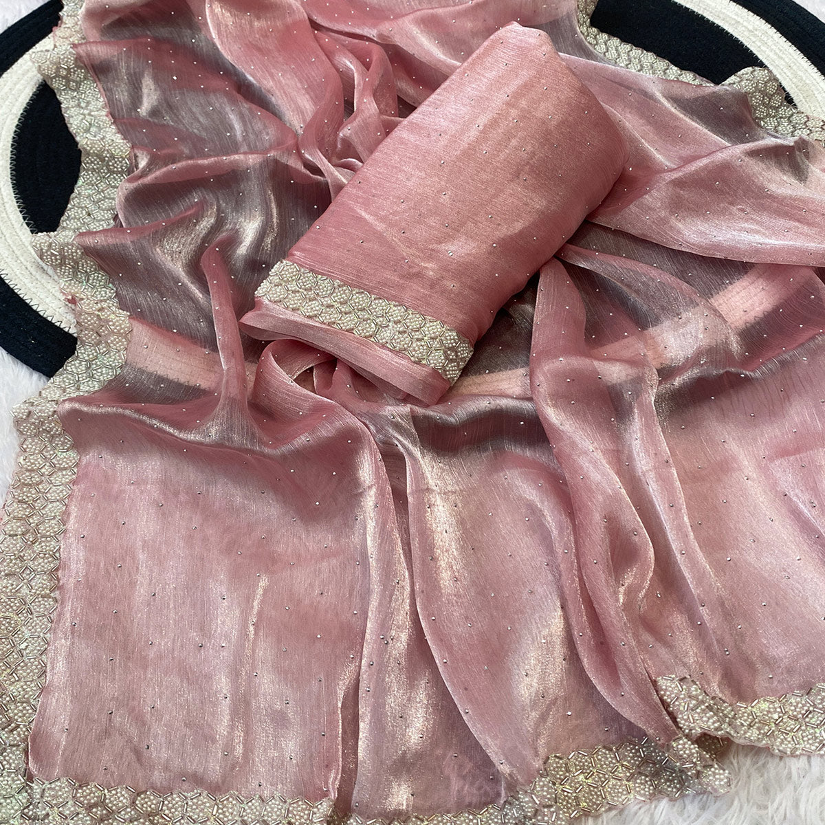 Gajari Pink Satin Burberry Saree Adorned With Sparkling Swarovski & Elegant Moti Work Border