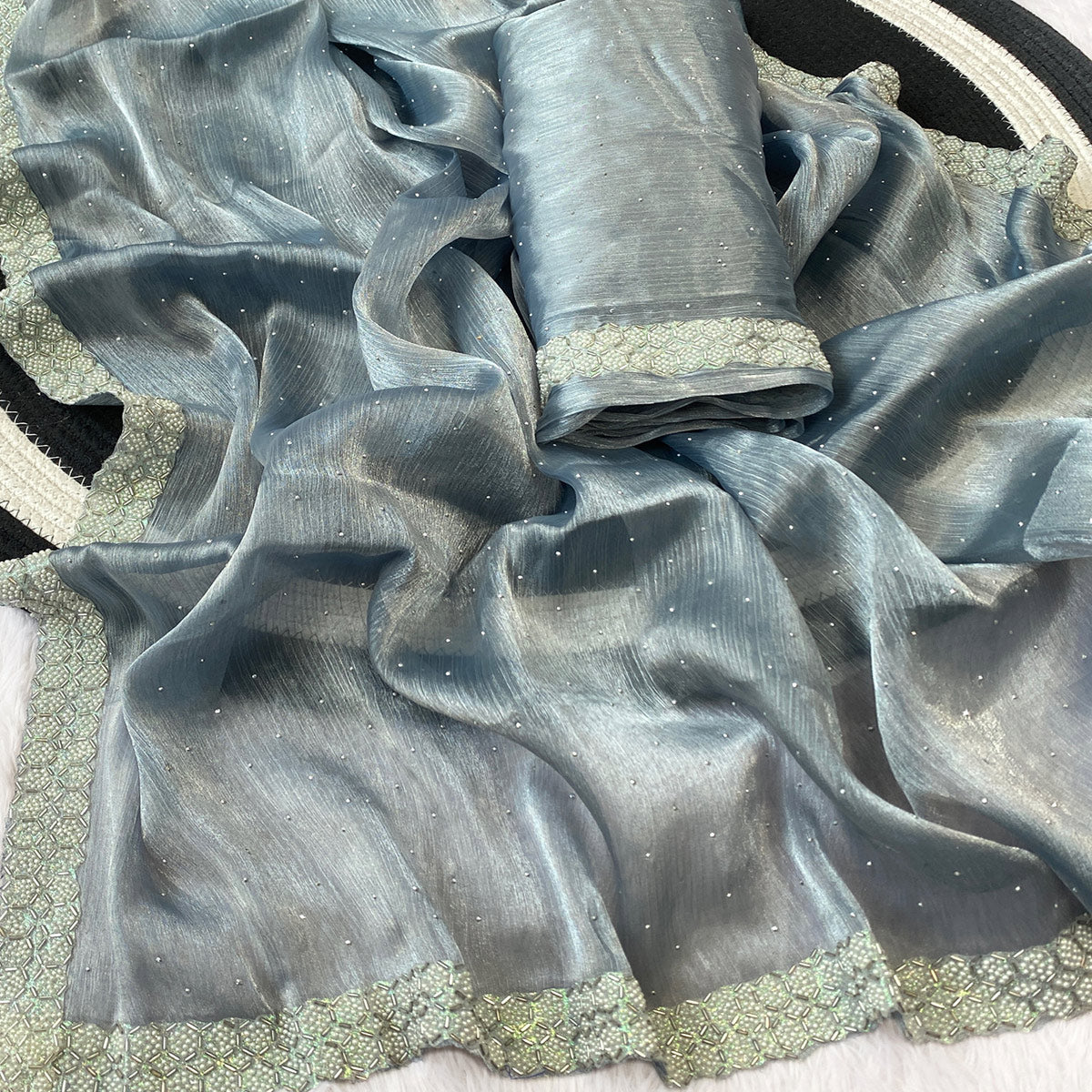 Grey Satin Burberry Saree Adorned With Sparkling Swarovski & Elegant Moti Work Border