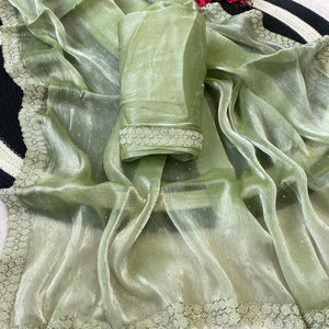 Pista Green Satin Burberry Saree Adorned With Sparkling Swarovski & Elegant Moti Work Border