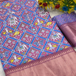 Lavender Dola Silk Saree Featuring Traditional Patan Patola Print