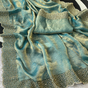 Blue Fandy Satin Saree Featuring Intricate Swarovski Work & Decorative Zarkan Border