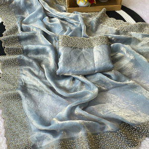 Greyish Blue Fandy Satin Saree Featuring Intricate Swarovski Work & Decorative Zarkan Border