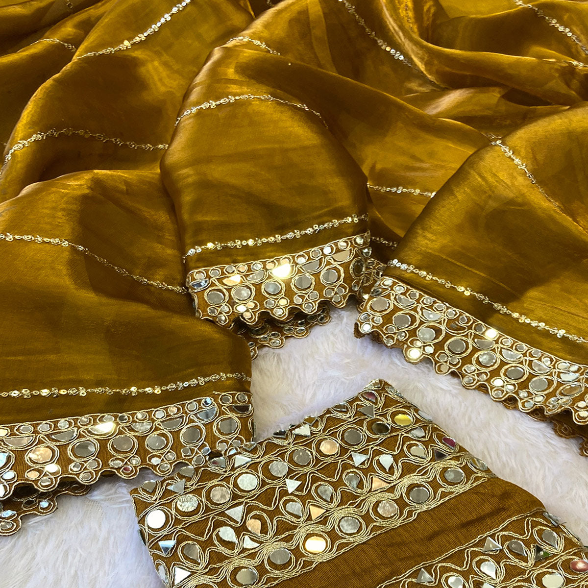 Gold Jimmy Choo Satin Saree Adorned With Sequins Embroidery & Mirror Accents