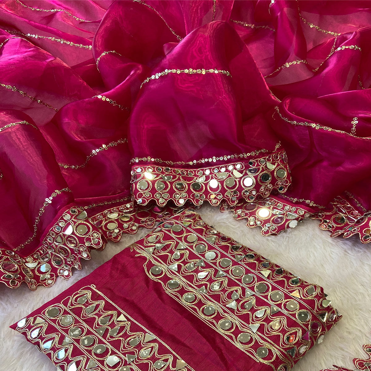 Rani Pink Jimmy Choo Satin Saree Adorned With Sequins Embroidery & Mirror Accents