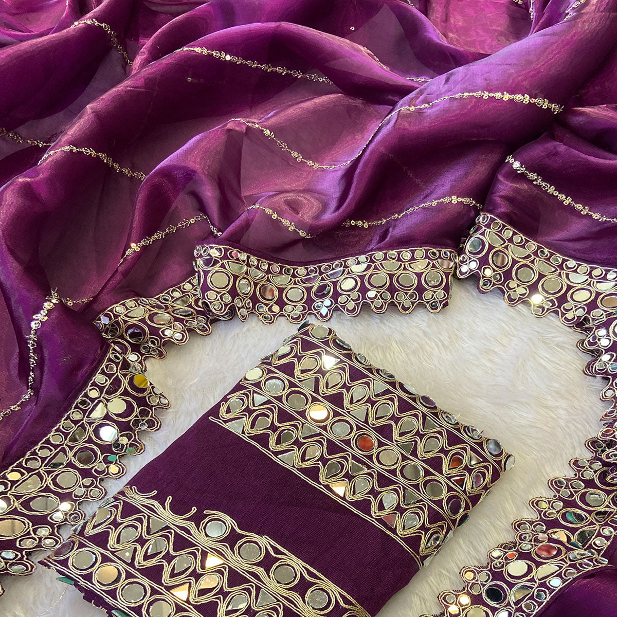 Wine Jimmy Choo Satin Saree Adorned With Sequins Embroidery & Mirror Accents