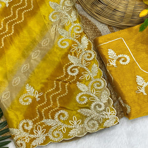 Mustard Chinon Saree With Timeless Bandhani Print & Exquisite Gota Patti Embroidery