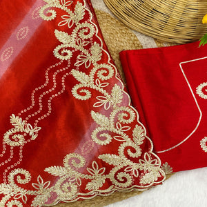 Red Chinon Saree With Timeless Bandhani Print & Exquisite Gota Patti Embroidery