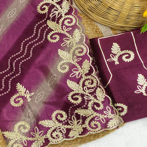 Wine Chinon Saree With Timeless Bandhani Print & Exquisite Gota Patti Embroidery