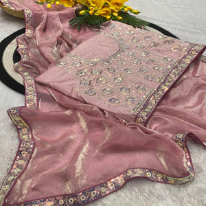 Baby Pink Satin Saree Featuring Detailed Beads & Sequins Embroidery For A Radiant Look