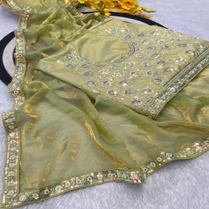 Pista Green Satin Saree Featuring Detailed Beads & Sequins Embroidery For A Radiant Look