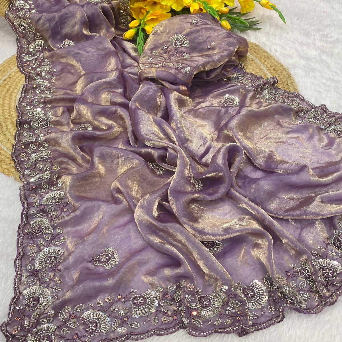 Lavender Satin Saree With Intricate Floral Beads & Cutdana With Sequins Embroidery Work
