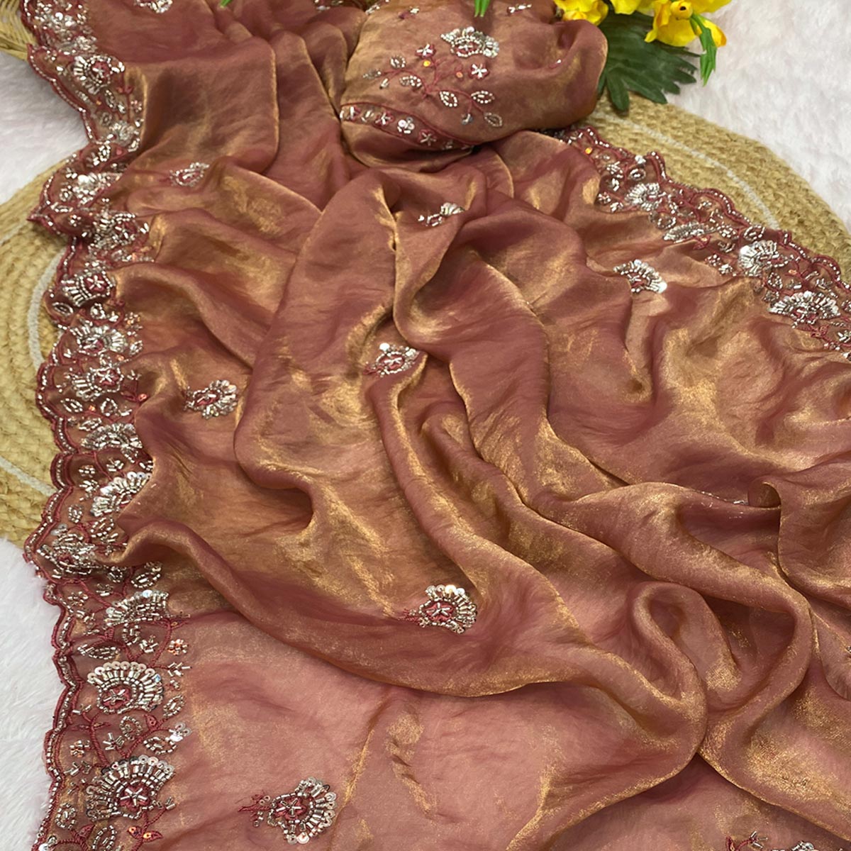 Rust Satin Saree With Intricate Floral Beads & Cutdana With Sequins Embroidery Work