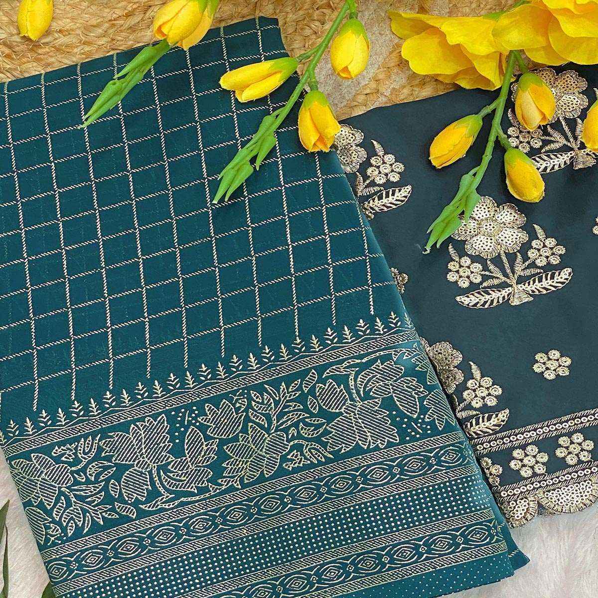 Dark Teal Blue Georgette Saree with Elegant Foil Printed Checkered Pattern