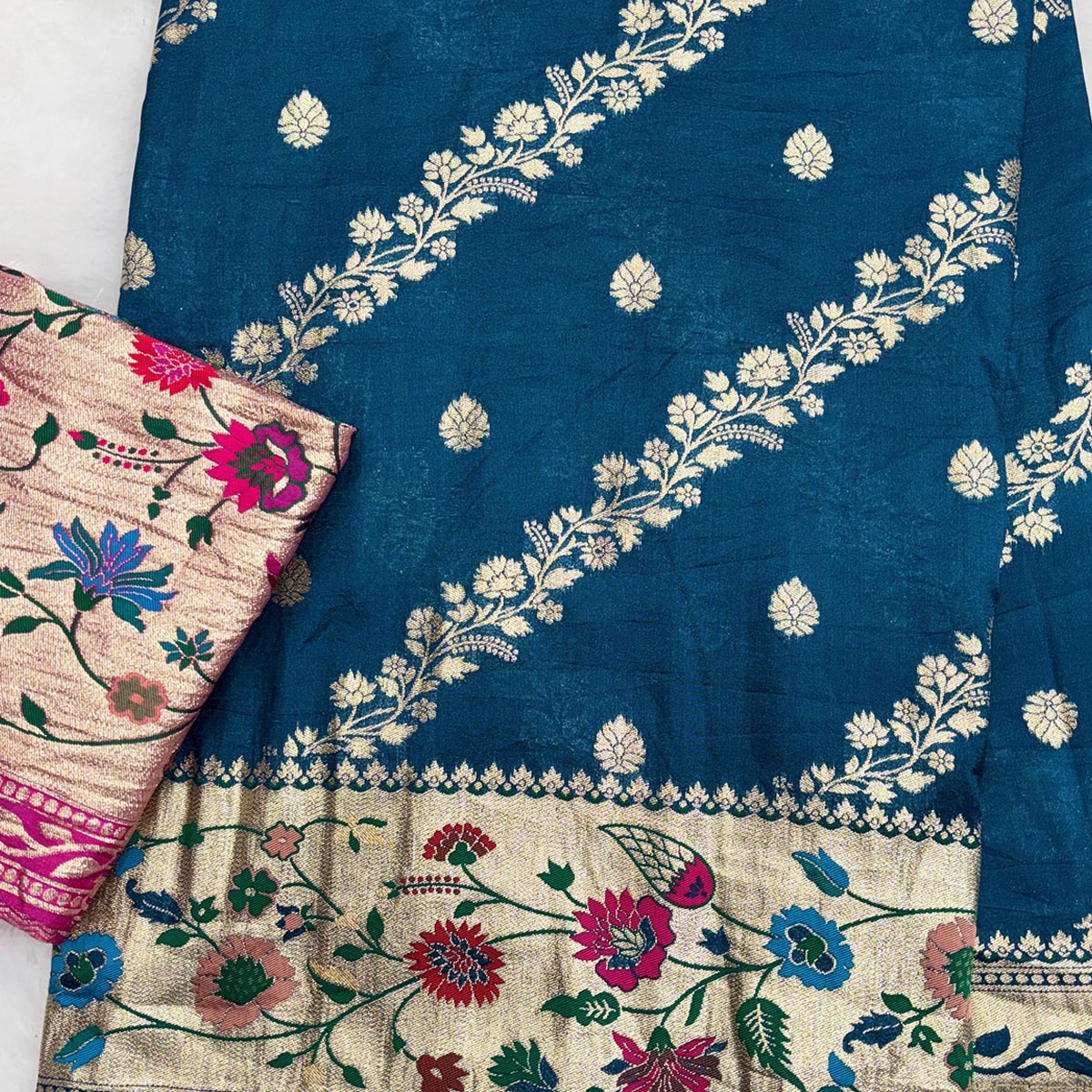 Blue Dola Silk Saree With Rich Floral Zari Weaving & Classic Elegance