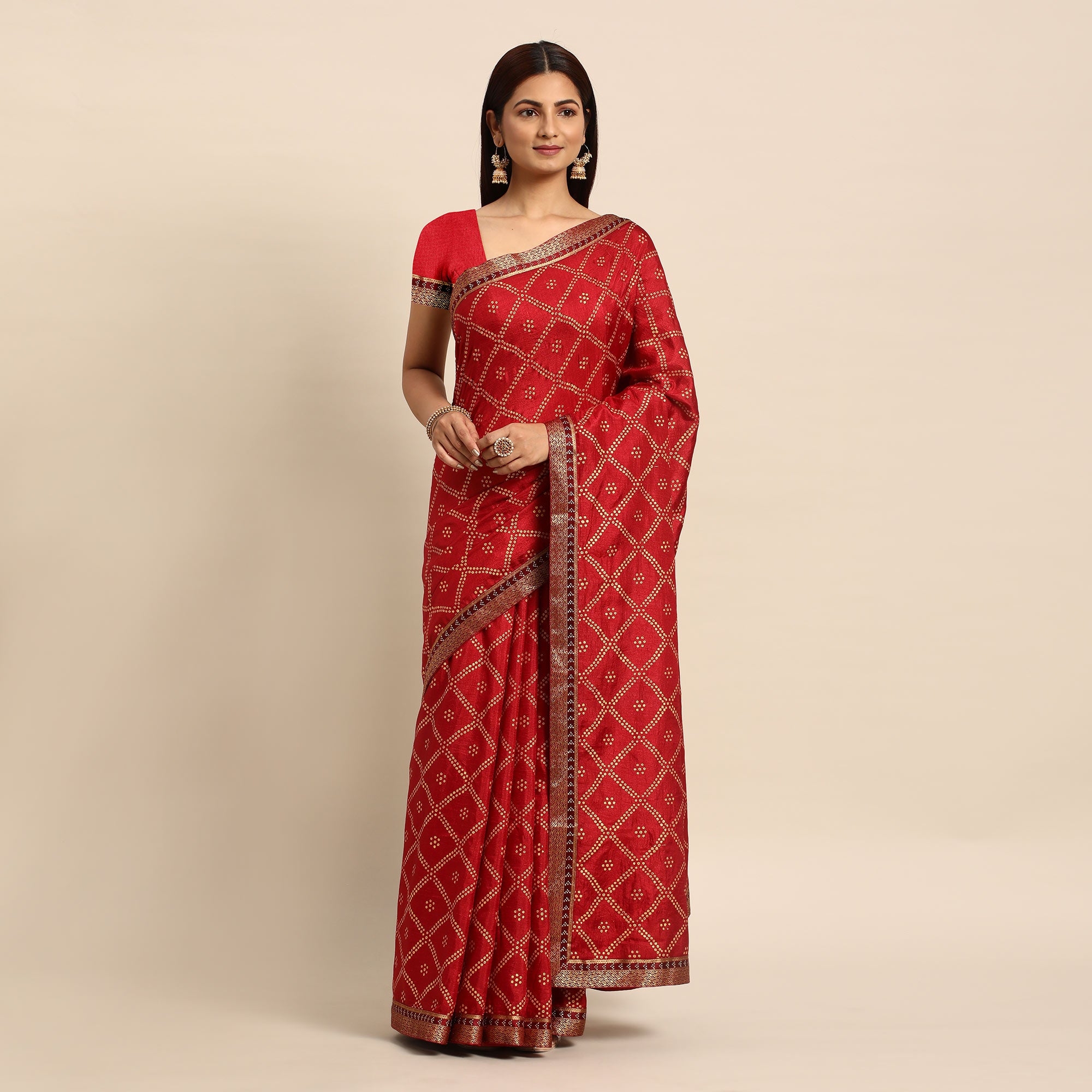 Maroon Bandhani Foil Printed Vichitra Silk Saree