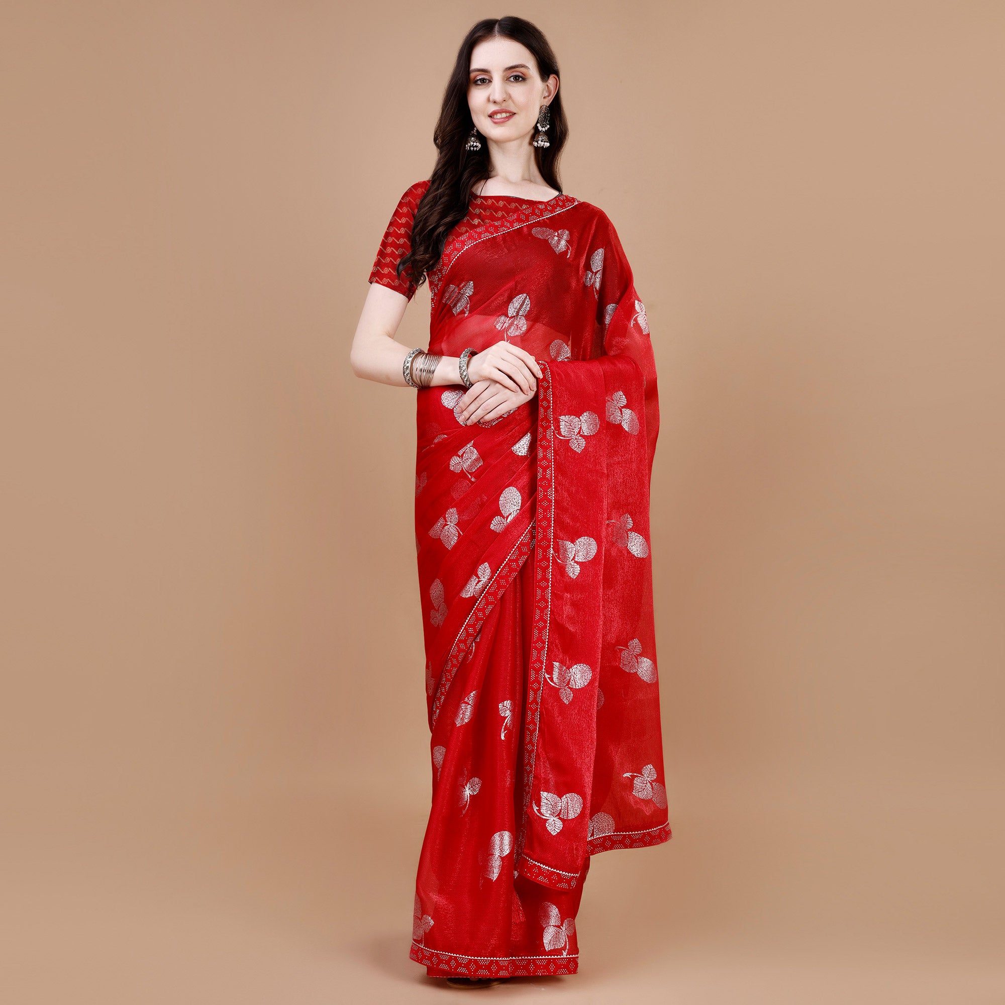 Red Floral Foil Printed Chiffon Saree