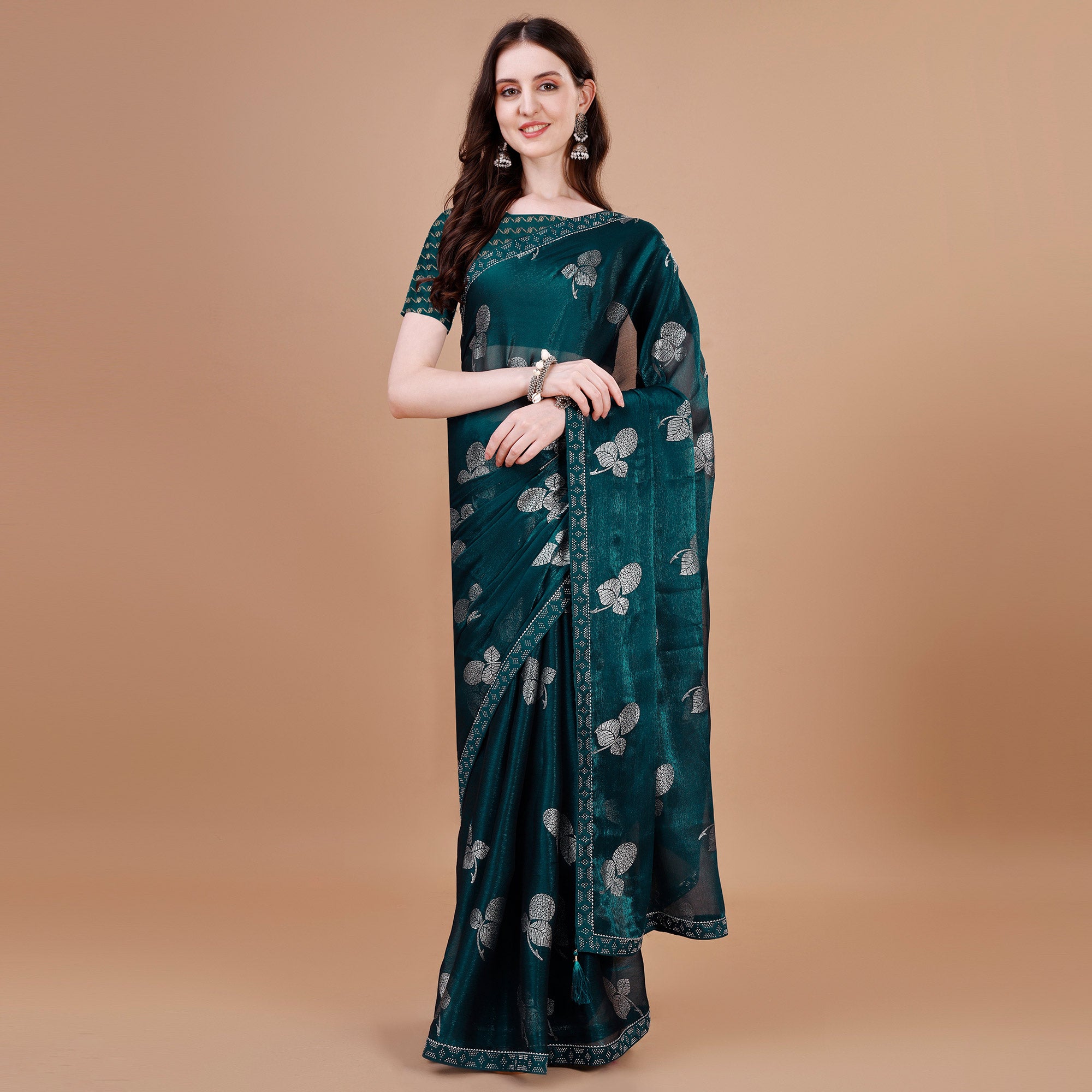 Blue Floral Foil Printed Chiffon Saree