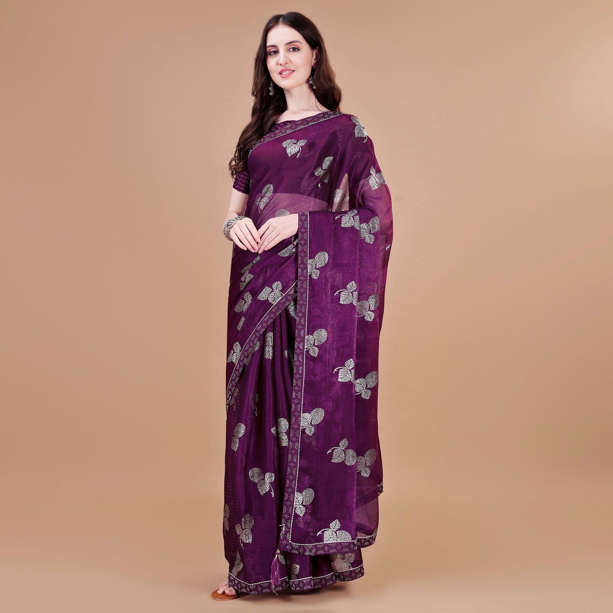 Purple Floral Foil Printed Chiffon Saree