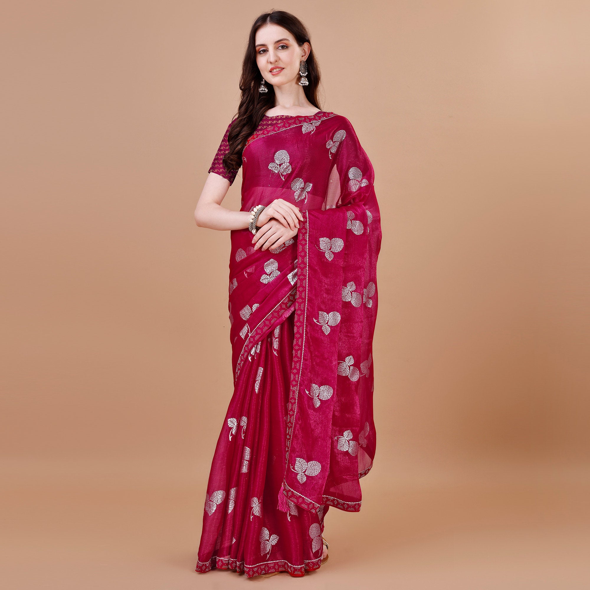 Pink Floral Foil Printed Chiffon Saree