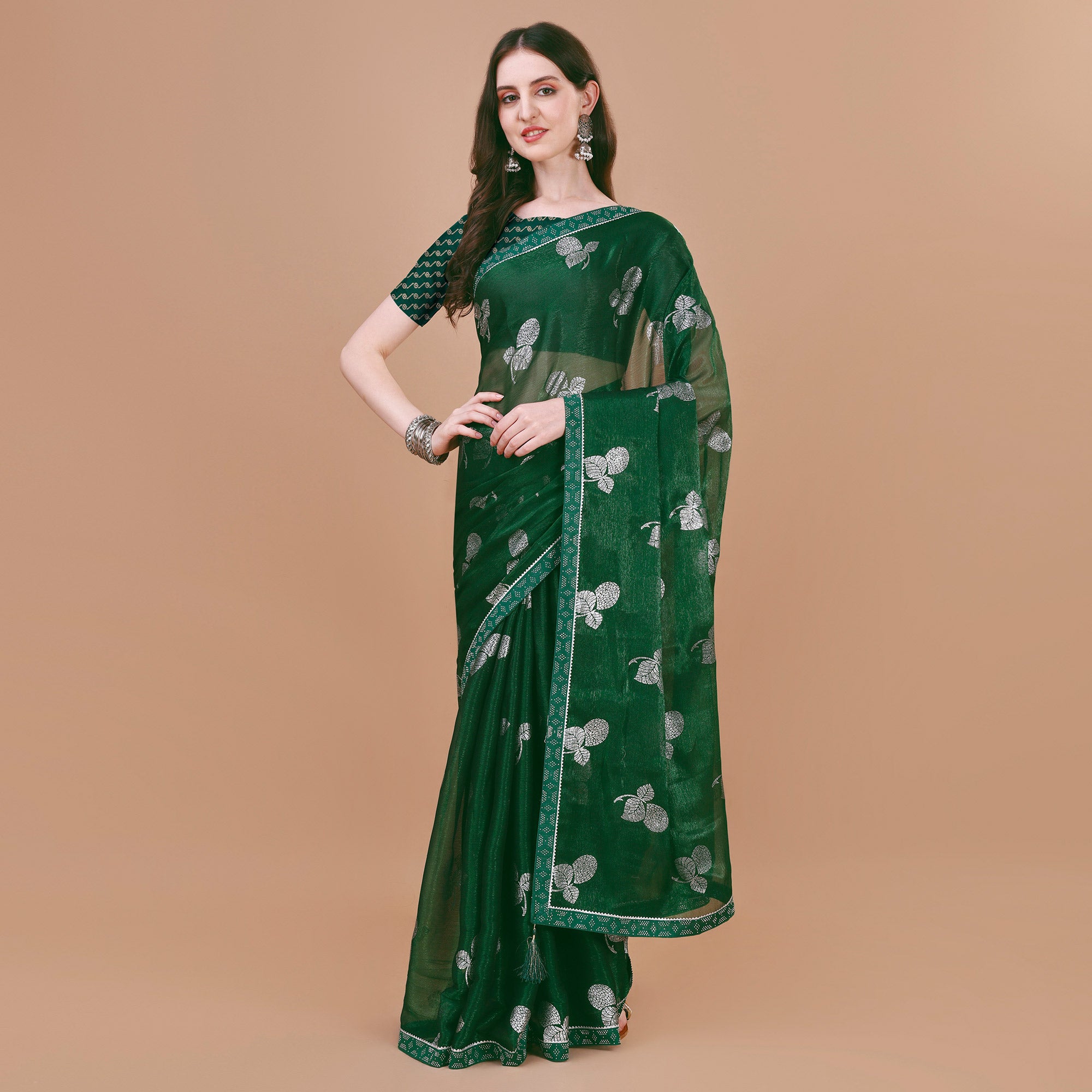 Green Floral Foil Printed Chiffon Saree