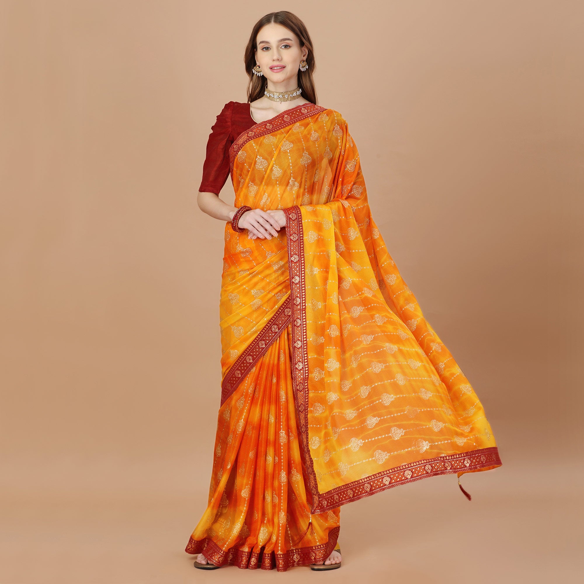Orange Foil Printed Lycra Saree With Lace Border