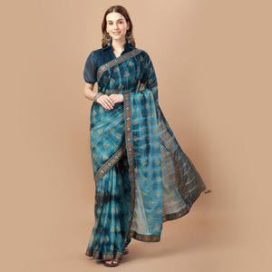 Blue Foil Printed Lycra Saree With Lace Border