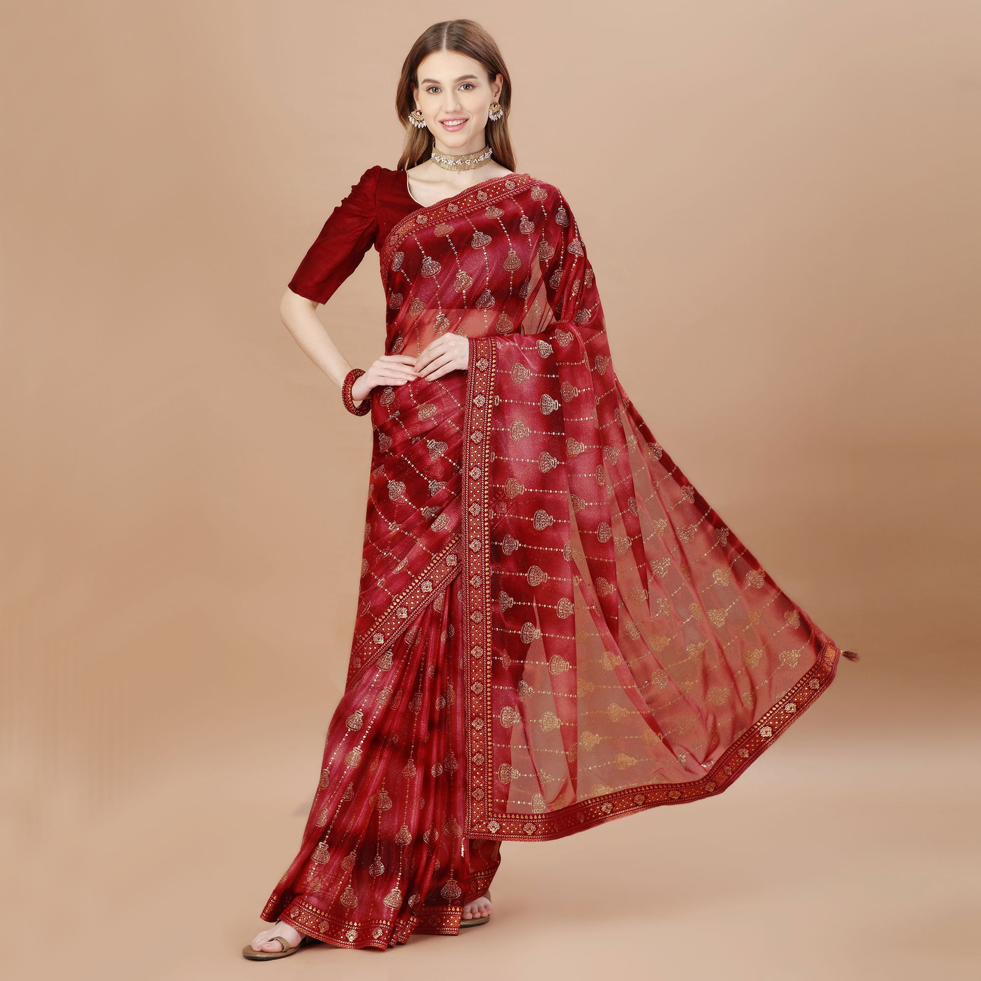 Maroon Foil Printed Lycra Saree With Lace Border