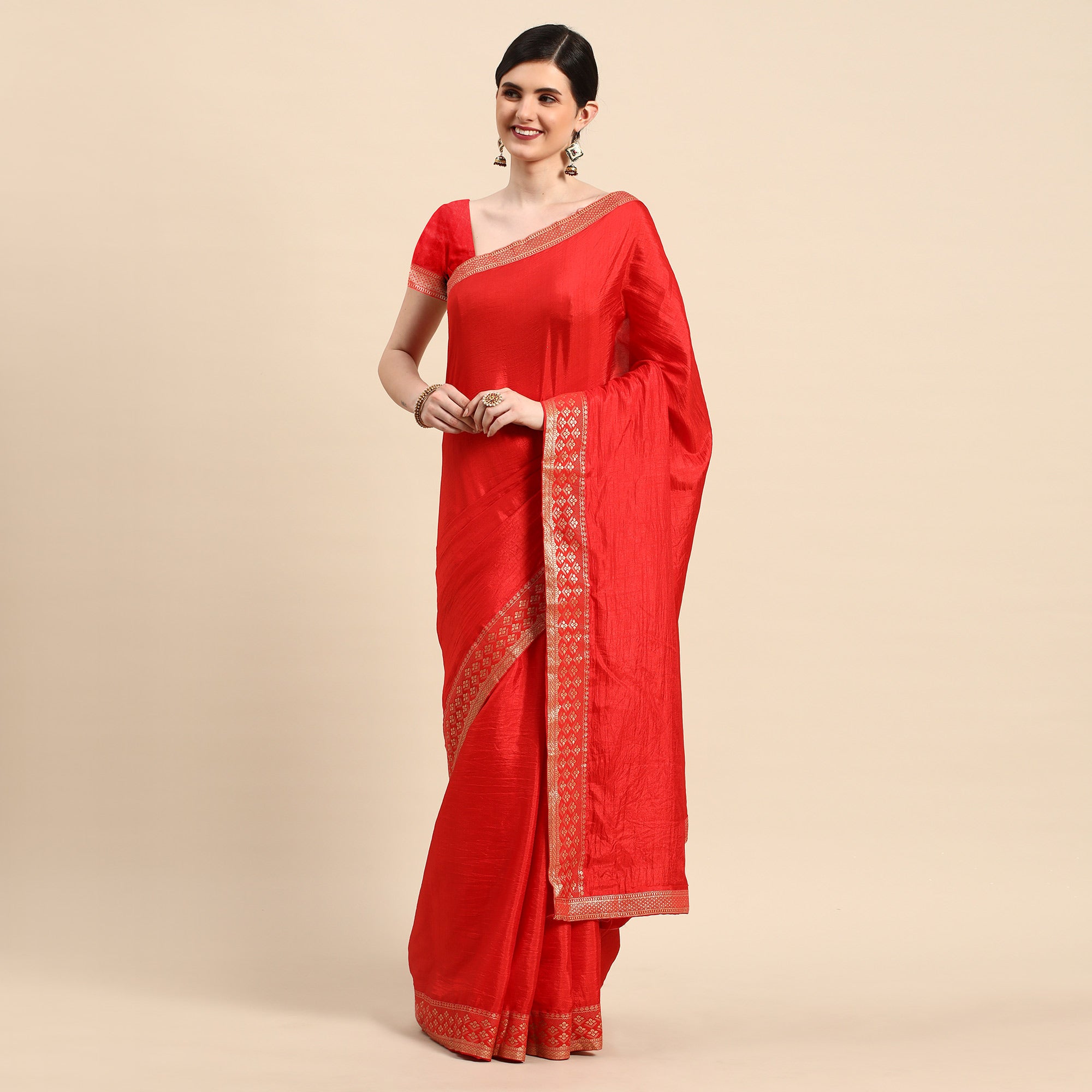 Red Solid Vichitra Silk Saree With Zari Border