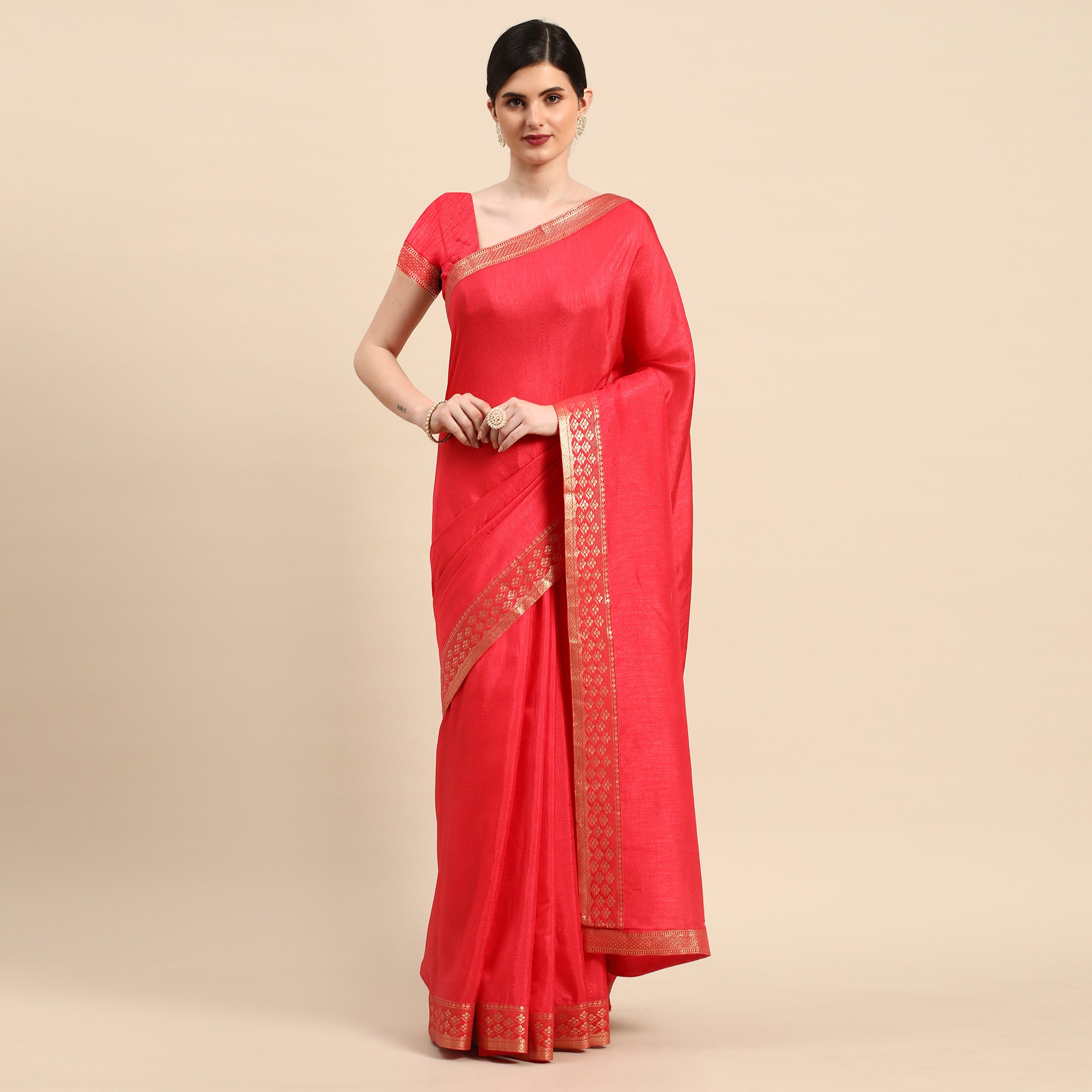 Pink Solid Vichitra Silk Saree With Zari Border