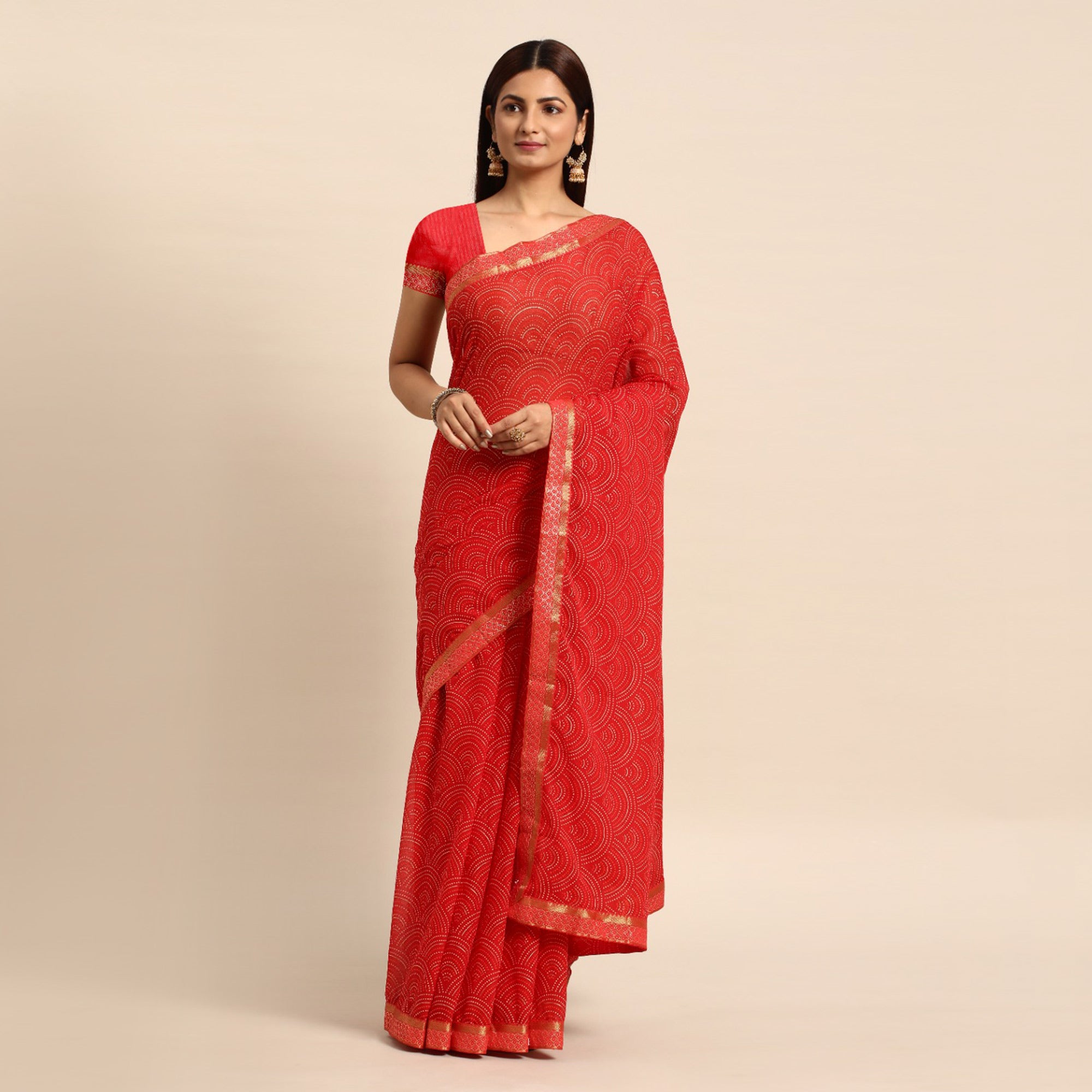 Red Foil Printed Chiffon Saree With Tassels