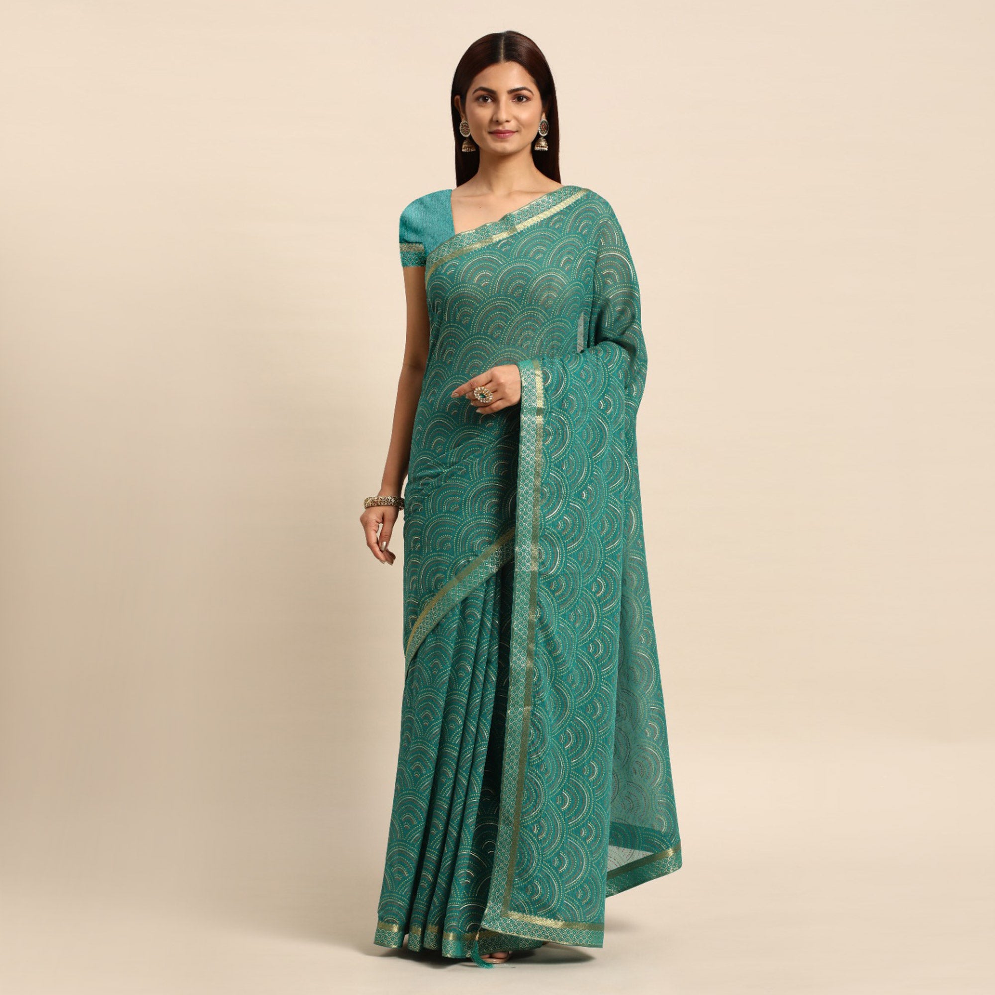 Teal Green Foil Printed Chiffon Saree With Tassels