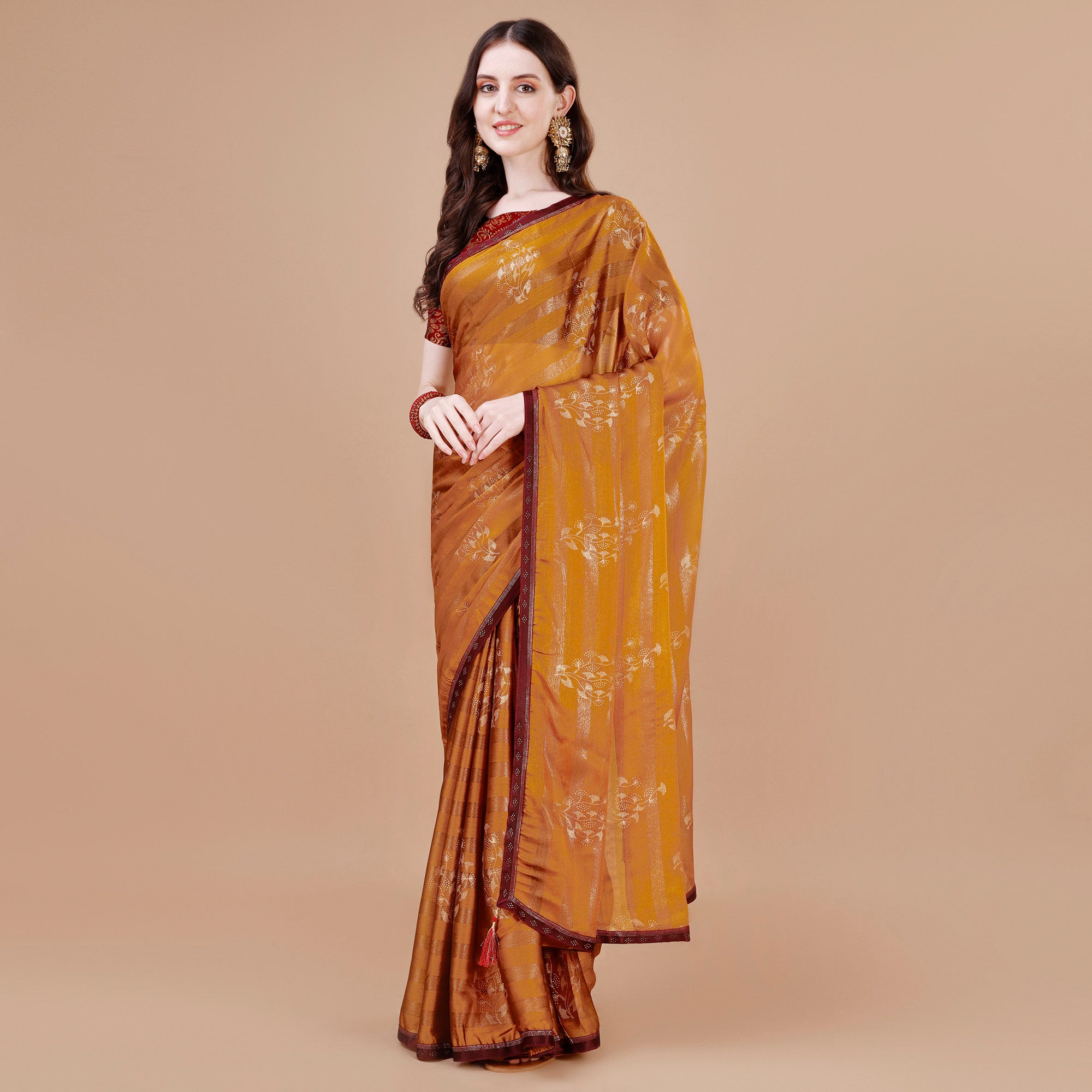Mustard Foil Printed Chiffon Saree With Lace Border