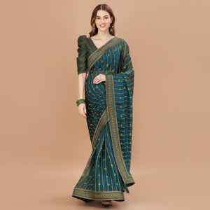 Blue Foil Printed Chiffon Saree With Lace Border