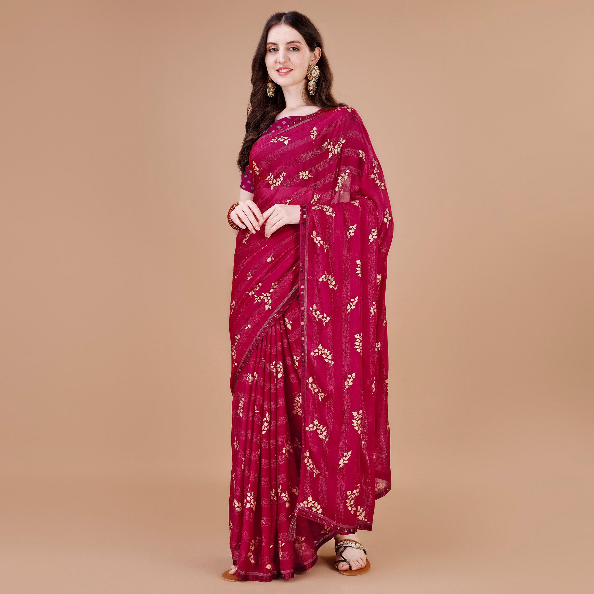 Pink Foil Printed Chiffon Saree With Lace Border