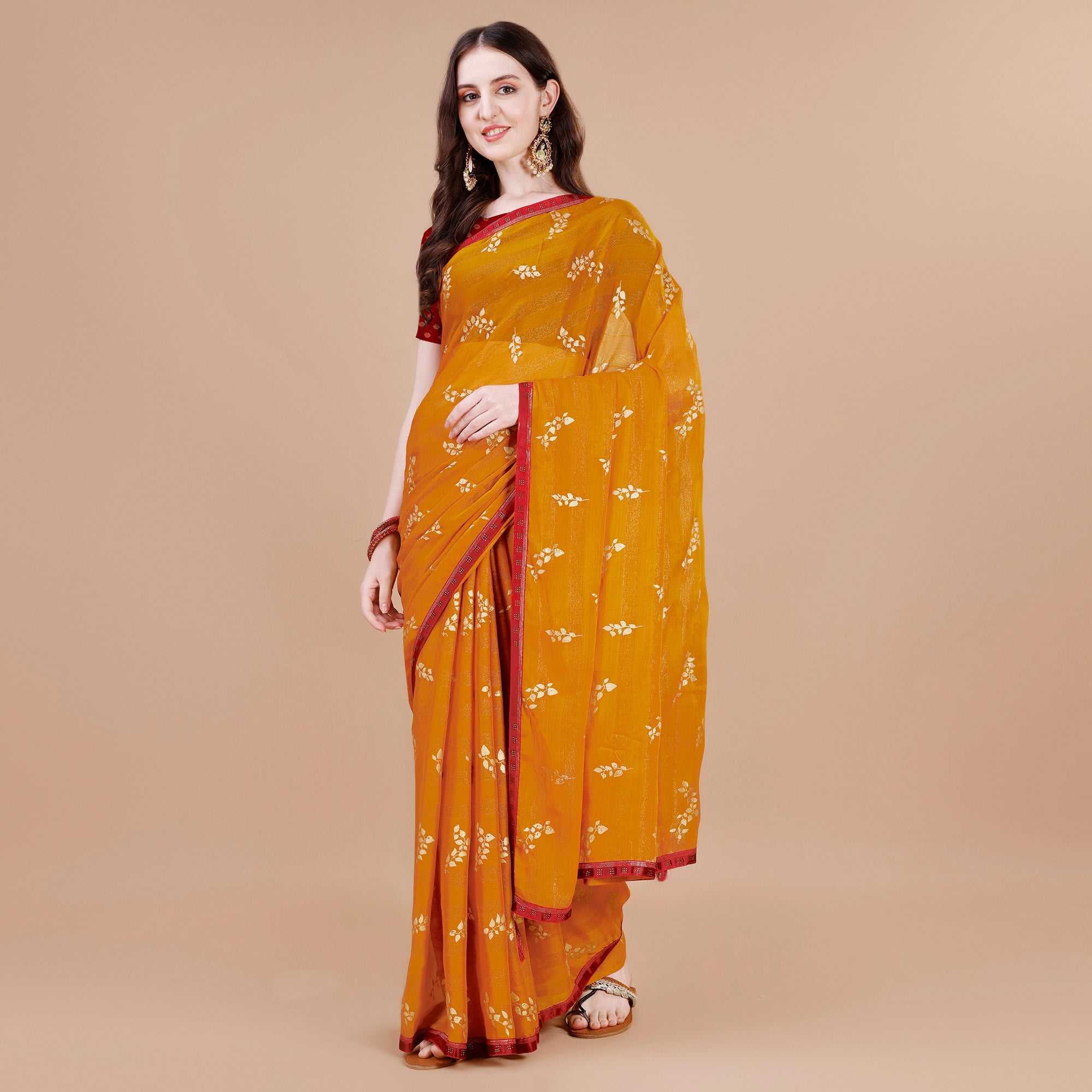 Mustard Foil Printed Chiffon Saree With Lace Border