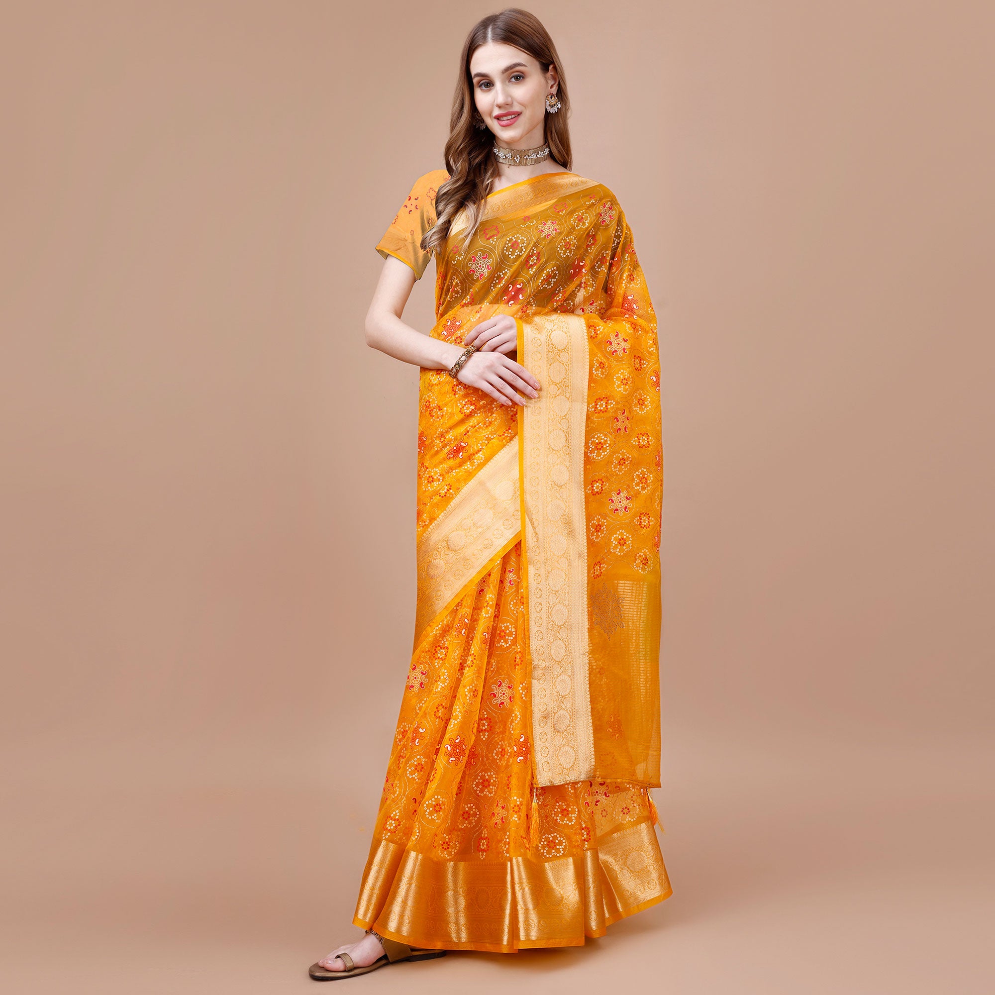 Yellow Bandhani Printed Organza Saree With Woven Border