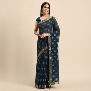 Blue Foil Printed Chiffon Saree With Tassels
