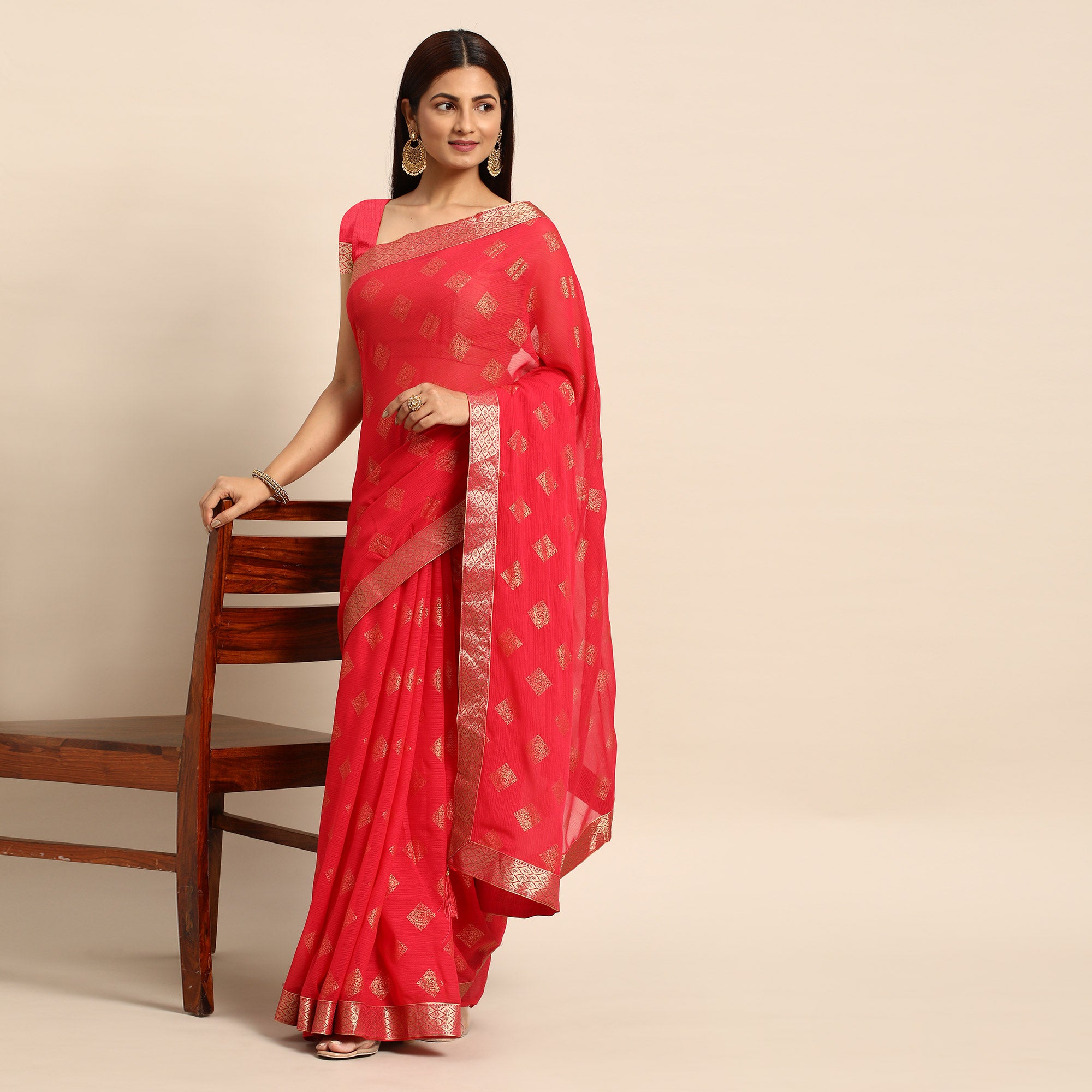 Pink Foil Printed Chiffon Saree With Tassels