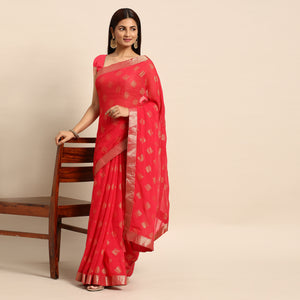 Pink Foil Printed Chiffon Saree With Tassels